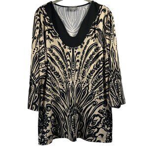 Chicos Travelers Women's Tunic Top Size Large Black Tan 3/4 Sleeve Winkle Free